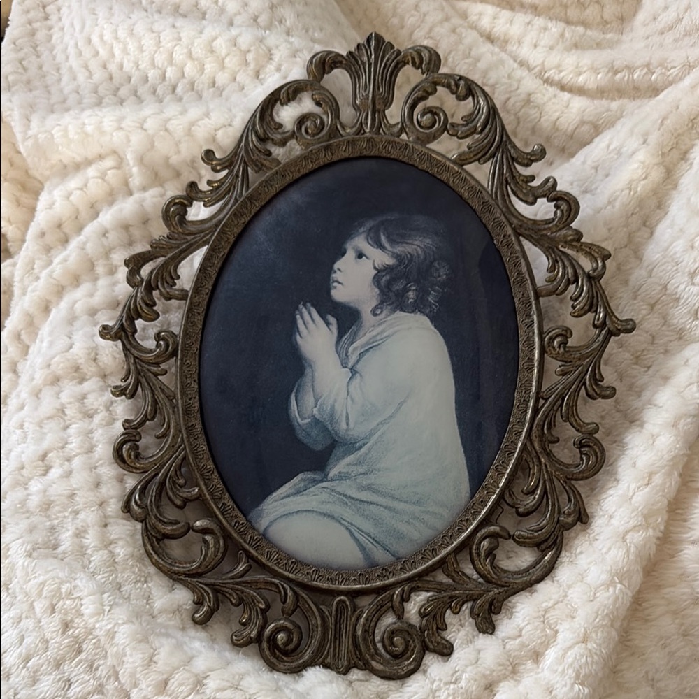 Antique Style Ornate Brass Tone Frame with Black and White Portrait